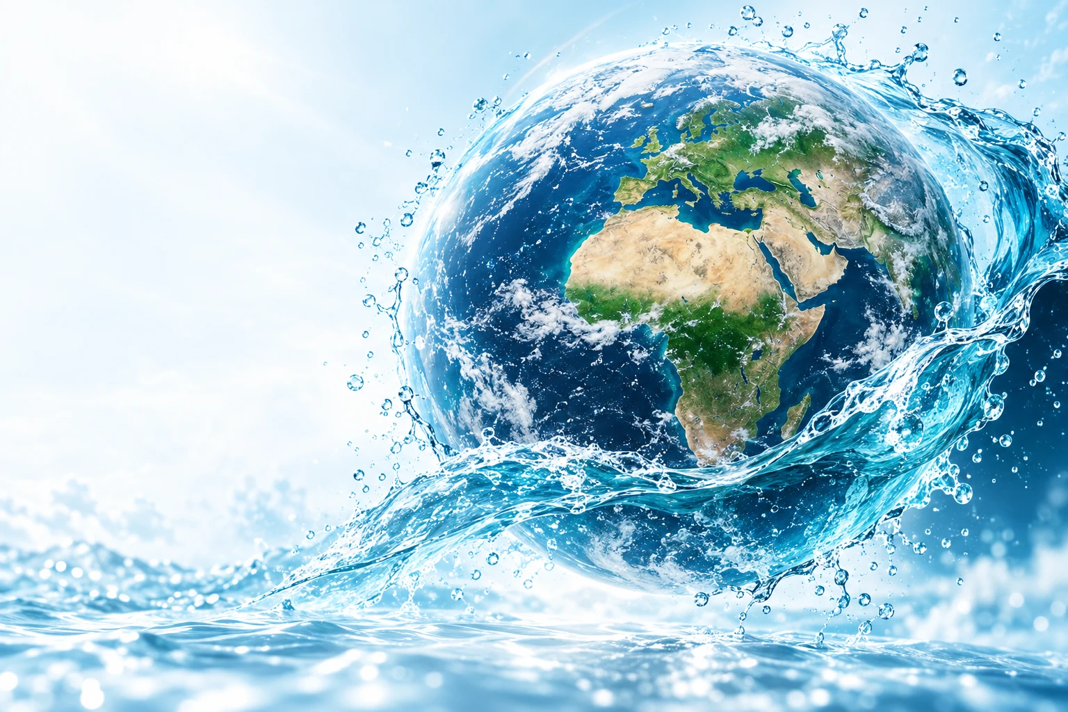 An imagined Earth surrounded by a sweeping splash of water